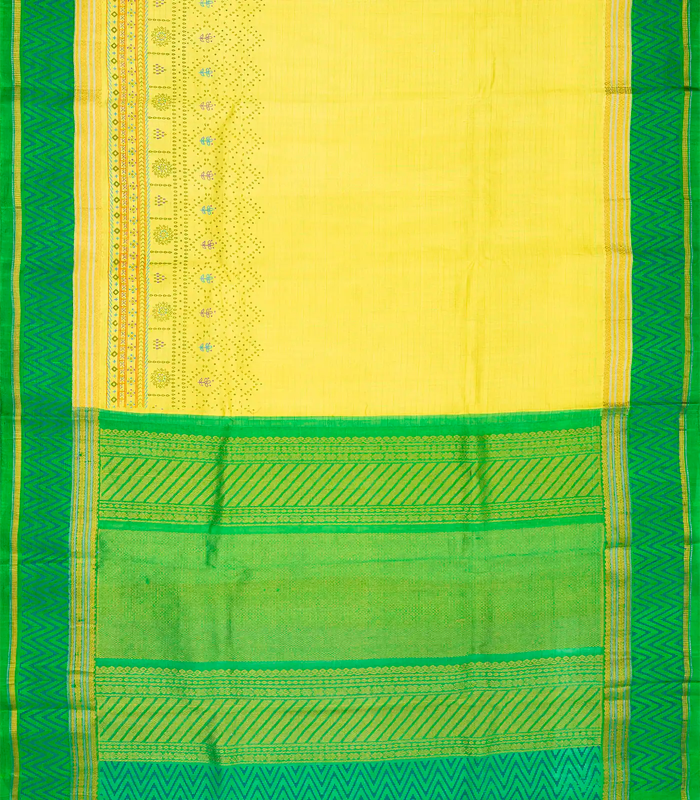 Yellow Handloom Chirala Silk Cotton Saree With Green Border-Yellow