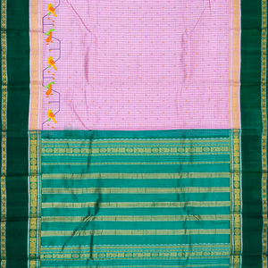 Baby Pink Handloom Chirala Silk Cotton Saree With Teal Border-Baby Pink