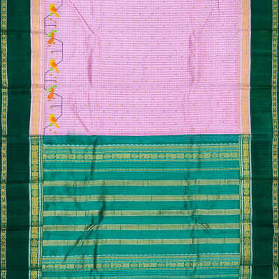 Baby Pink Handloom Chirala Silk Cotton Saree With Teal Border-Baby Pink