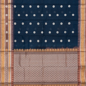 Navy Blue Handloom Chirala Silk Cotton Saree  With Kamalam Motifs-Navy Blue