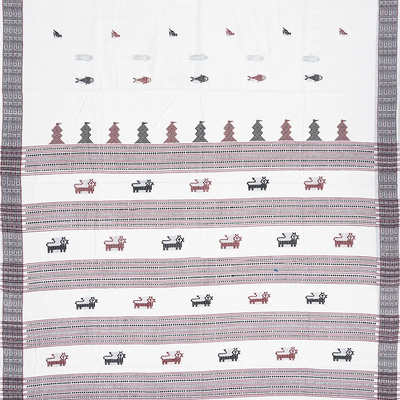 White Handwoven Chirala Saree With Fish Motifs-White