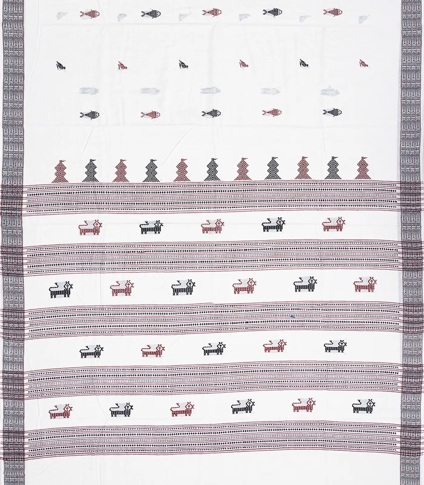 White Handwoven Chirala Saree With Fish Motifs-White