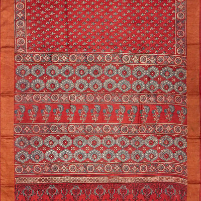 Crimson Handloom Tussar Silk Saree With Printed Floral Motifs-Crimson