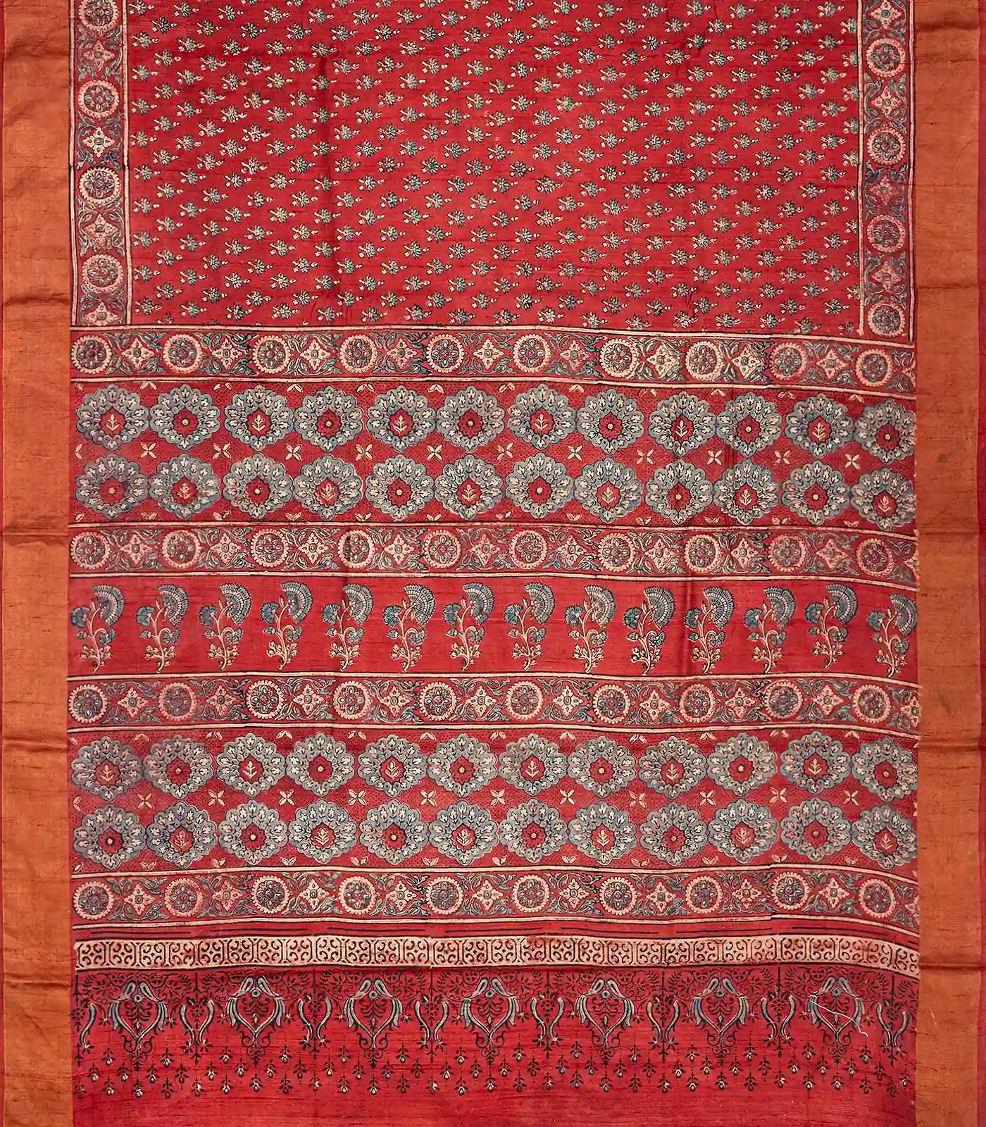 Crimson Handloom Tussar Silk Saree With Printed Floral Motifs-Crimson