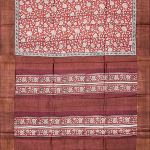 Peach Handloom Tussar Silk Saree With Printed Floral Vine Motifs-Peach