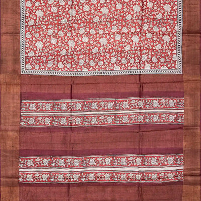 Peach Handloom Tussar Silk Saree With Printed Floral Vine Motifs-Peach