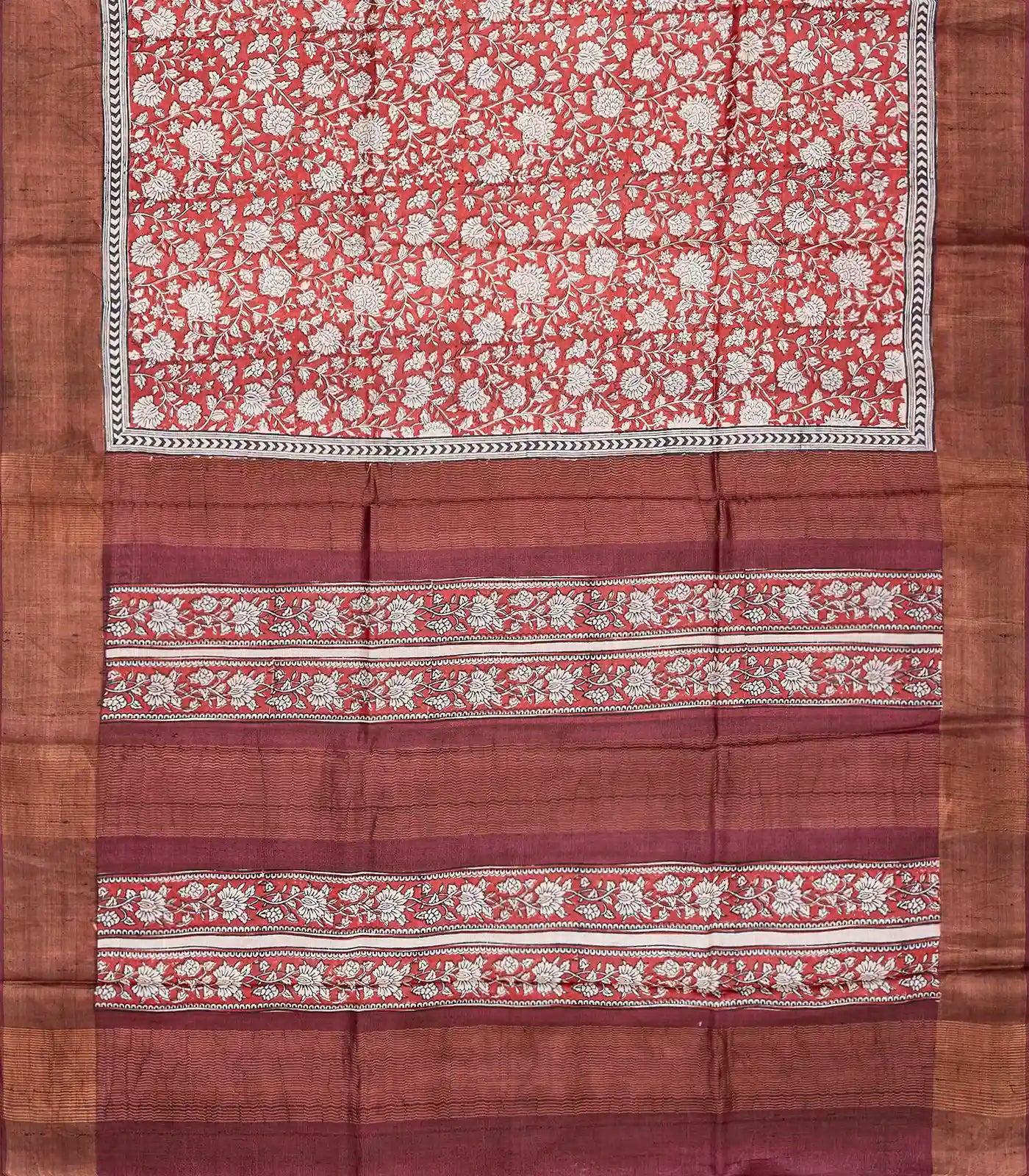 Peach Handloom Tussar Silk Saree With Printed Floral Vine Motifs-Peach