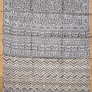 Grey Handloom Tussar Silk Saree With Printed Vine Motifs-Grey