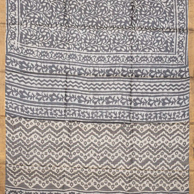 Grey Handloom Tussar Silk Saree With Printed Vine Motifs-Grey