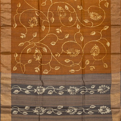Oil Mustard Handloom Tussar Silk Saree With Printed Vine Motifs-OIL MUSTARD