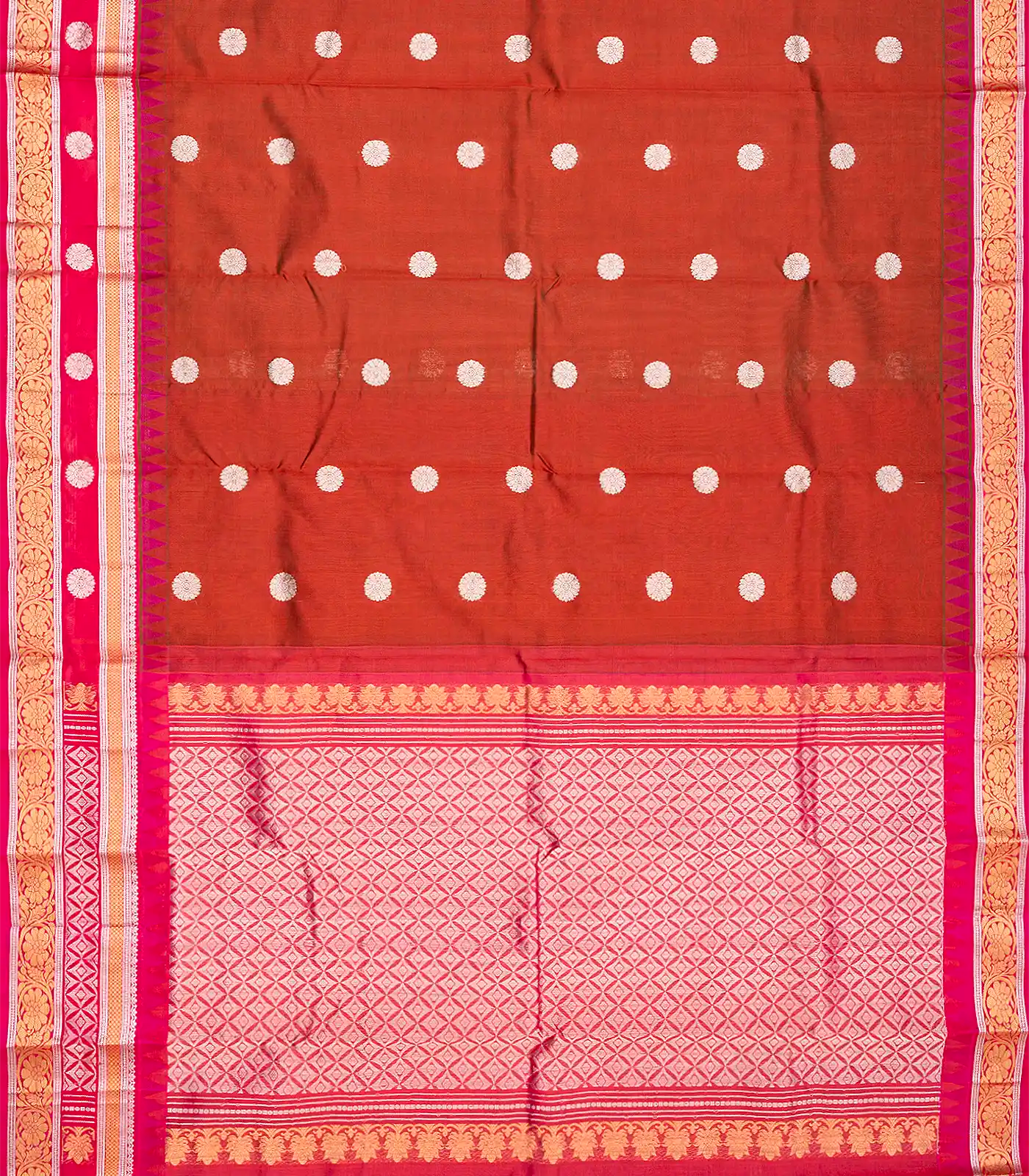 Rust Handloom Chirala Silk Cotton With Pink Border-Rust