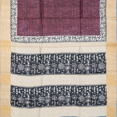 Chestnut Pink Handloom Tussar Silk Saree With Printed Tribal Motifs-Chestnut Pink