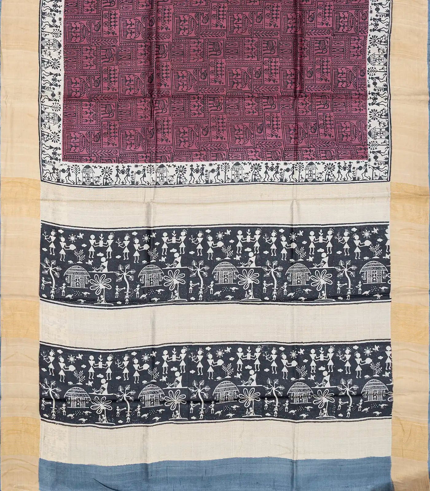 Chestnut Pink Handloom Tussar Silk Saree With Printed Tribal Motifs-Chestnut Pink