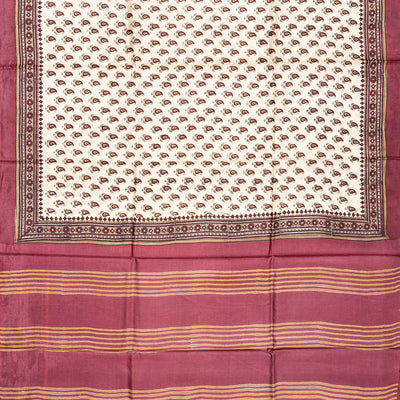 Cream Handloom Tussar Silk Saree With Printed Mango Motifs-Cream
