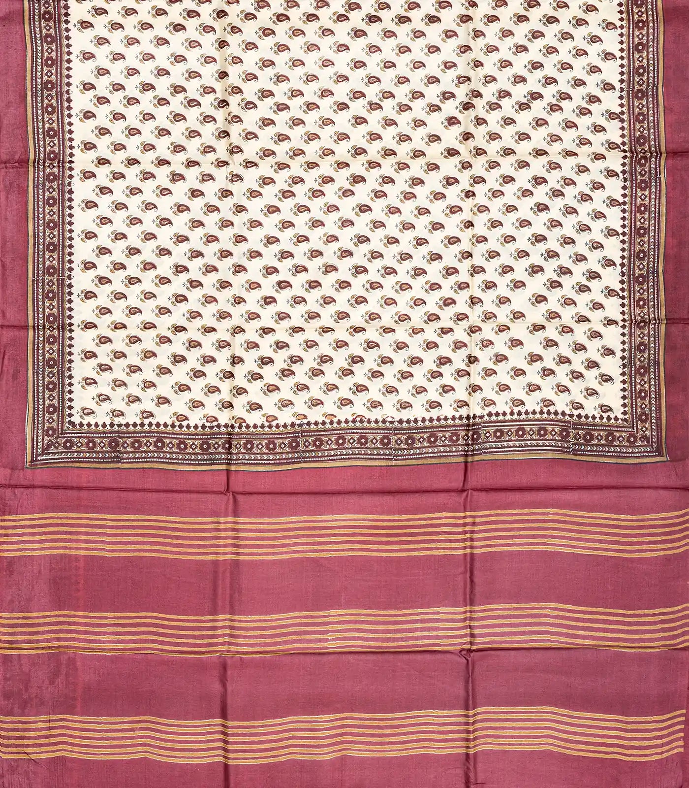 Cream Handloom Tussar Silk Saree With Printed Mango Motifs-Cream