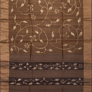 Dark Olive Handloom Tussar Silk Saree With Printed Vine Motifs-Dark Olive