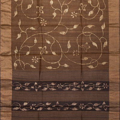 Dark Olive Handloom Tussar Silk Saree With Printed Vine Motifs-Dark Olive
