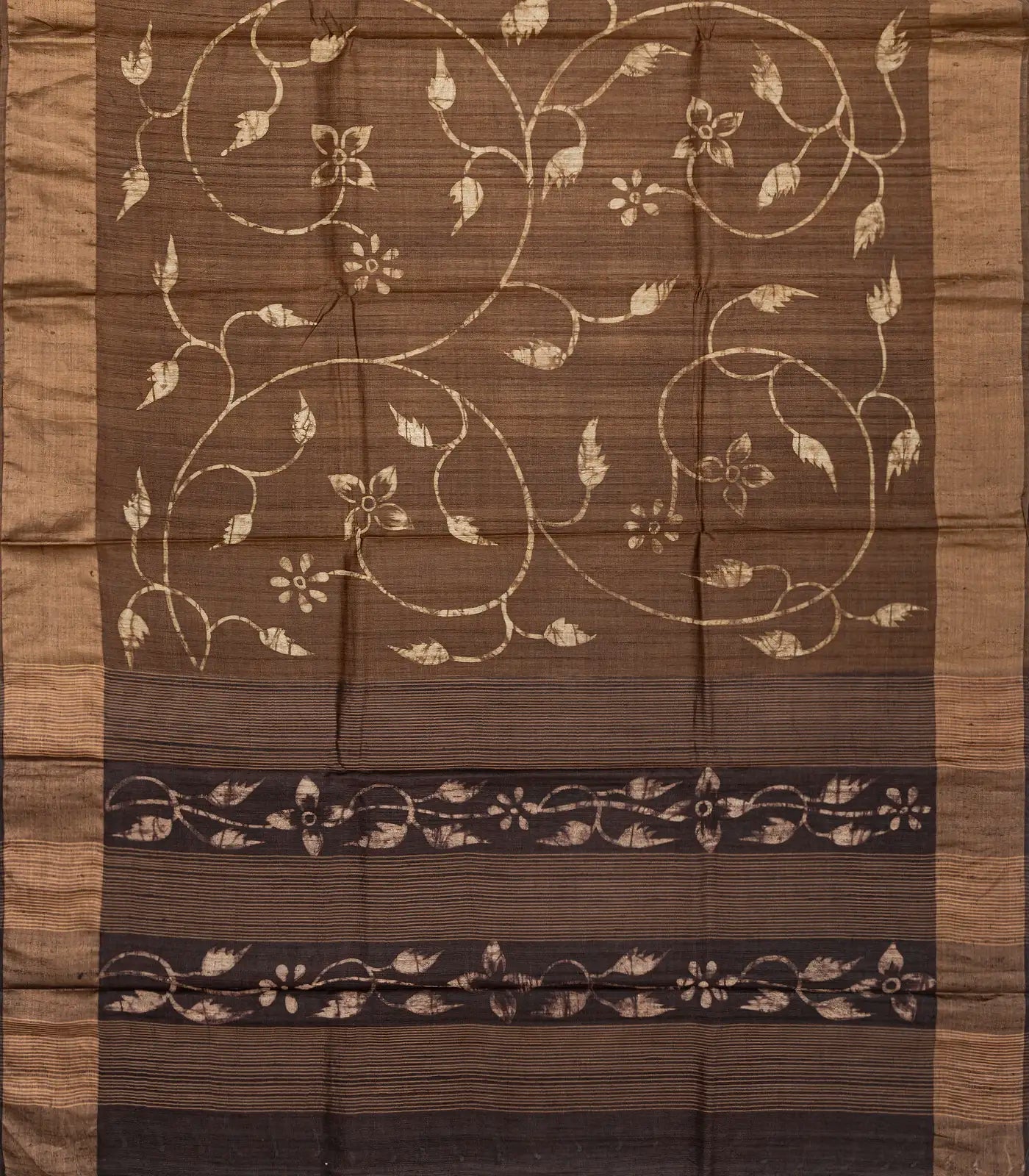 Dark Olive Handloom Tussar Silk Saree With Printed Vine Motifs-Dark Olive