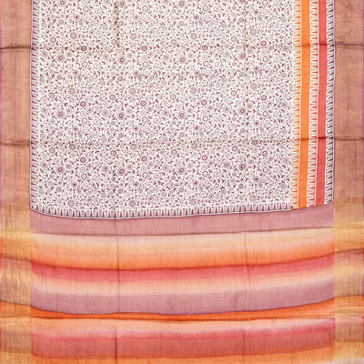 White Handloom Tussar Silk Saree With Printed Vine Motifs-White