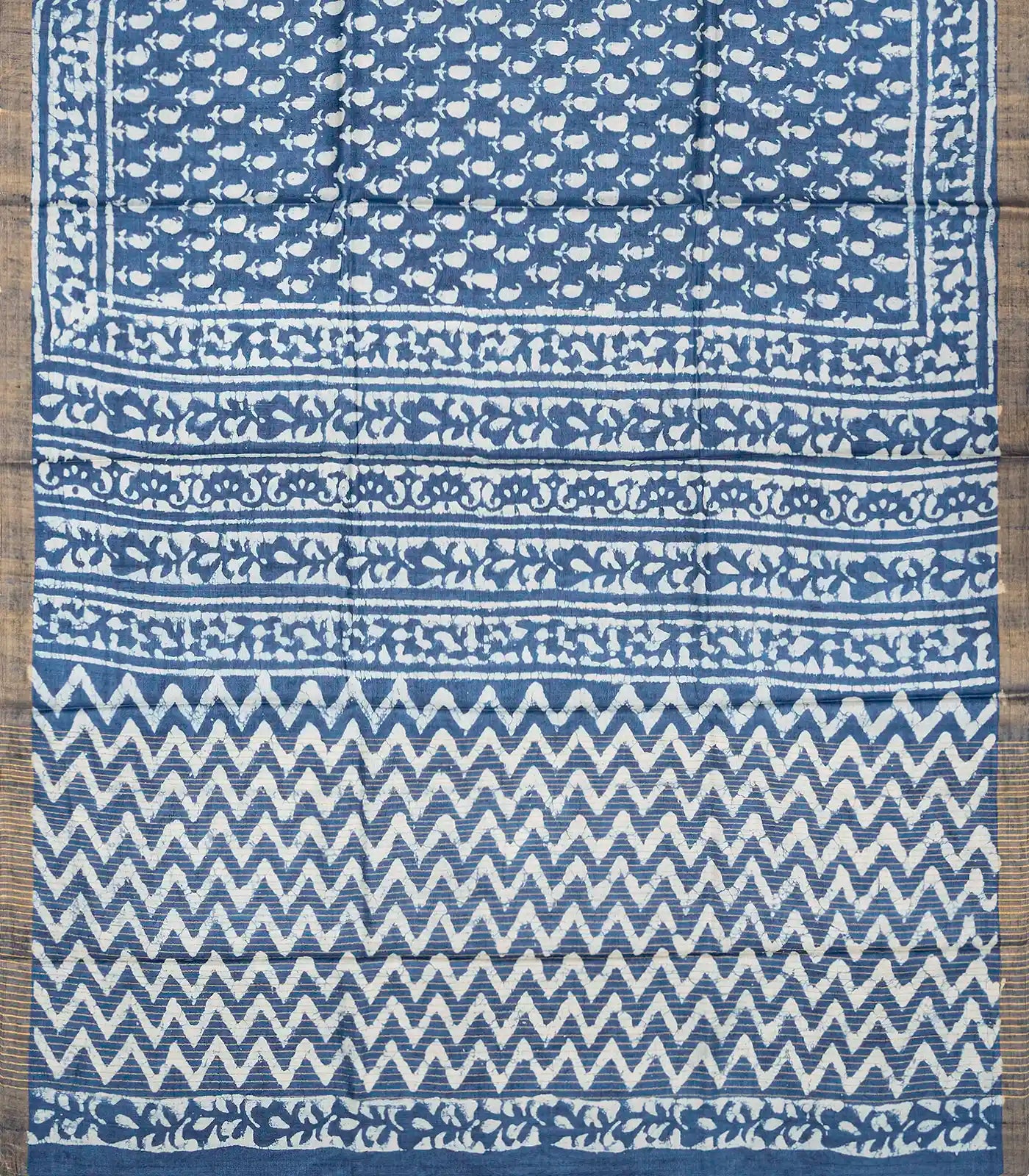 Steel Blue Handloom Tussar Silk Saree With Printed Floral Motifs-Steel Blue