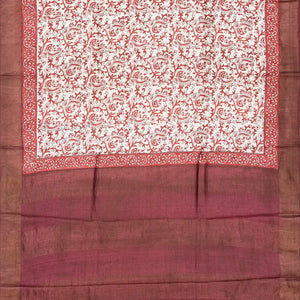 White Handloom Tussar Silk Saree With Printed Annam Vine Motifs-White