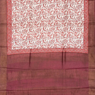 White Handloom Tussar Silk Saree With Printed Annam Vine Motifs-White