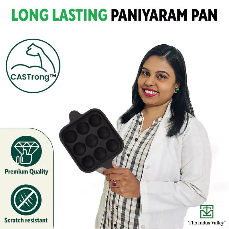 9 Pit/Cup CASTrong Cast Iron Paniyaram/Appe pan+ Free Spatula, Square, Long handle, Pre-seasoned, Nonstick, 100% Pure, Toxin-free, 18.5cm, 2.4kg