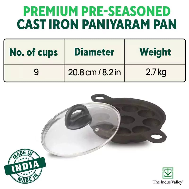 9 Pit/Cup CASTrong Cast Iron Paniyaram/Appe Pan+ Glass Lid, Pre-seasoned, Natural Nonstick, 100% Pure, Toxin-free, 21 cm, 2.7 kg