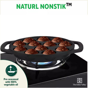 12 Pit/Cup CASTrong Cast Iron Kuzhi Paniyaram/Paddu Pan/Appe Maker+ Free Spatula, Pre-seasoned, 100% Pure, Toxin-free, 21 cm, 2.2 kg