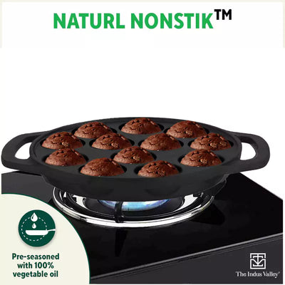 12 Pit/Cup CASTrong Cast Iron Kuzhi Paniyaram/Paddu Pan/Appe Maker+ Free Spatula, Pre-seasoned, 100% Pure, Toxin-free, 21 cm, 2.2 kg