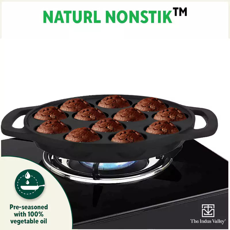 12 Pit/Cup CASTrong Cast Iron Kuzhi Paniyaram/Paddu Pan/Appe Maker+ Free Spatula, Pre-seasoned, 100% Pure, Toxin-free, 21 cm, 2.2 kg