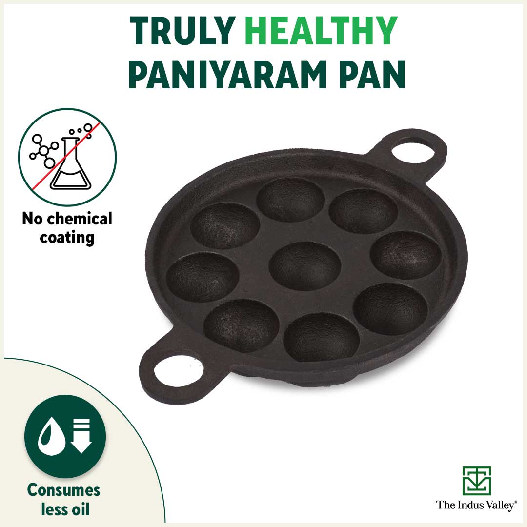 Super Smooth 9 Pit/Cup Cast Iron Paniyaram/Appe Pan+ Free Spatula, Pre-seasoned, Natural Nonstick, 100% Pure, Toxin-free, 21 cm, 2.8kg