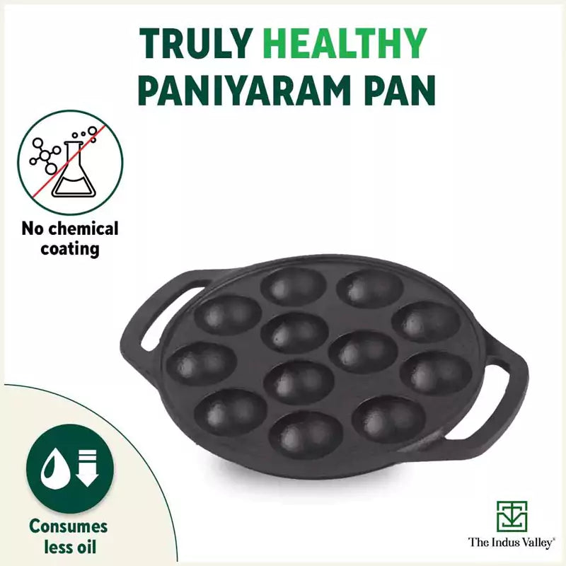 12 Pit/Cup CASTrong Cast Iron Kuzhi Paniyaram/Paddu Pan/Appe Maker+ Free Spatula, Pre-seasoned, 100% Pure, Toxin-free, 21 cm, 2.2 kg