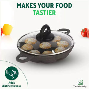 9 Pit/Cup CASTrong Cast Iron Paniyaram/Appe Pan+ Glass Lid, Pre-seasoned, Natural Nonstick, 100% Pure, Toxin-free, 21 cm, 2.7 kg