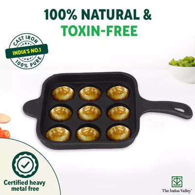 9 Pit/Cup CASTrong Cast Iron Paniyaram/Appe pan+ Free Spatula, Square, Long handle, Pre-seasoned, Nonstick, 100% Pure, Toxin-free, 18.5cm, 2.4kg