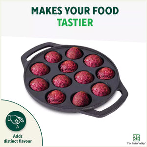 12 Pit/Cup CASTrong Cast Iron Paniyaram/Appe Pan, Pre-seasoned, Toxin-free, Free Cool Silicone Grip + Spatula, 21 cm, 2.2 kg