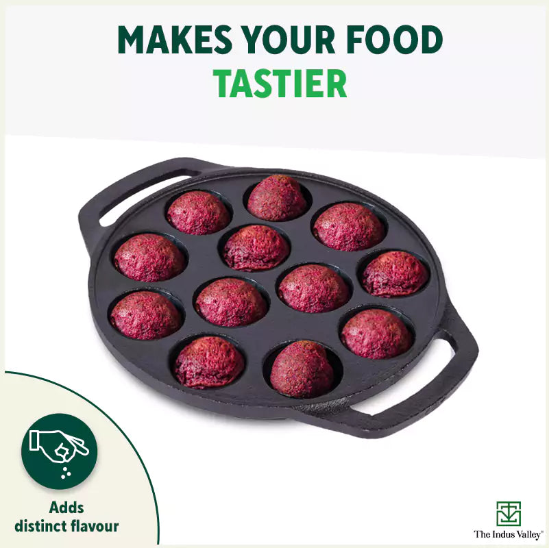 12 Pit/Cup CASTrong Cast Iron Kuzhi Paniyaram/Paddu Pan/Appe Maker+ Free Spatula, Pre-seasoned, 100% Pure, Toxin-free, 21 cm, 2.2 kg