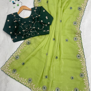 Parrot Green Kasoli Silk Saree with Beautiful Embroidery and Contrast Thread Work