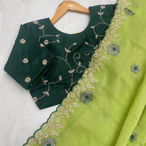 Parrot Green Kasoli Silk Saree with Beautiful Embroidery and Contrast Thread Work