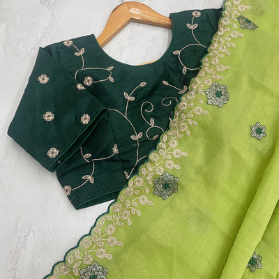 Parrot Green Kasoli Silk Saree with Beautiful Embroidery and Contrast Thread Work