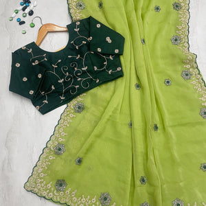 Parrot Green Kasoli Silk Saree with Beautiful Embroidery and Contrast Thread Work