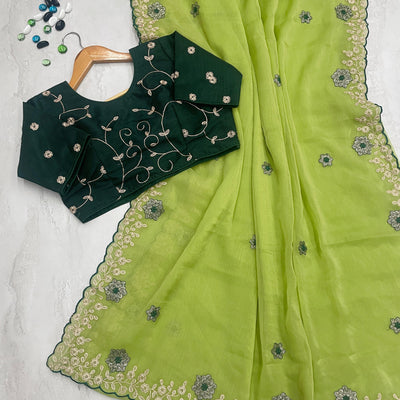 Parrot Green Kasoli Silk Saree with Beautiful Embroidery and Contrast Thread Work