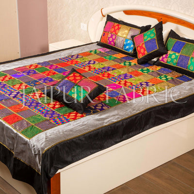 Rajasthan Patchwork Gold Print Double Bed Sheet with Two Pillow Covers and Two Cushion Covers