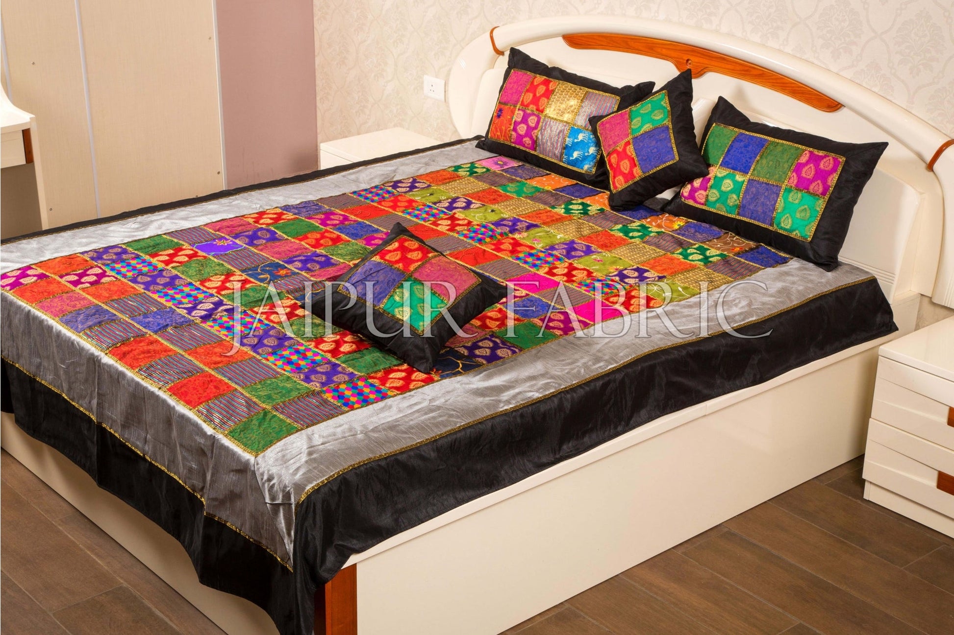Rajasthan Patchwork Gold Print Double Bed Sheet with Two Pillow Covers and Two Cushion Covers