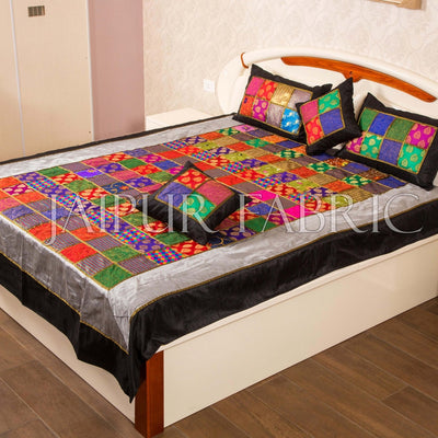 Rajasthan Patchwork Gold Print Double Bed Sheet with Two Pillow Covers and Two Cushion Covers