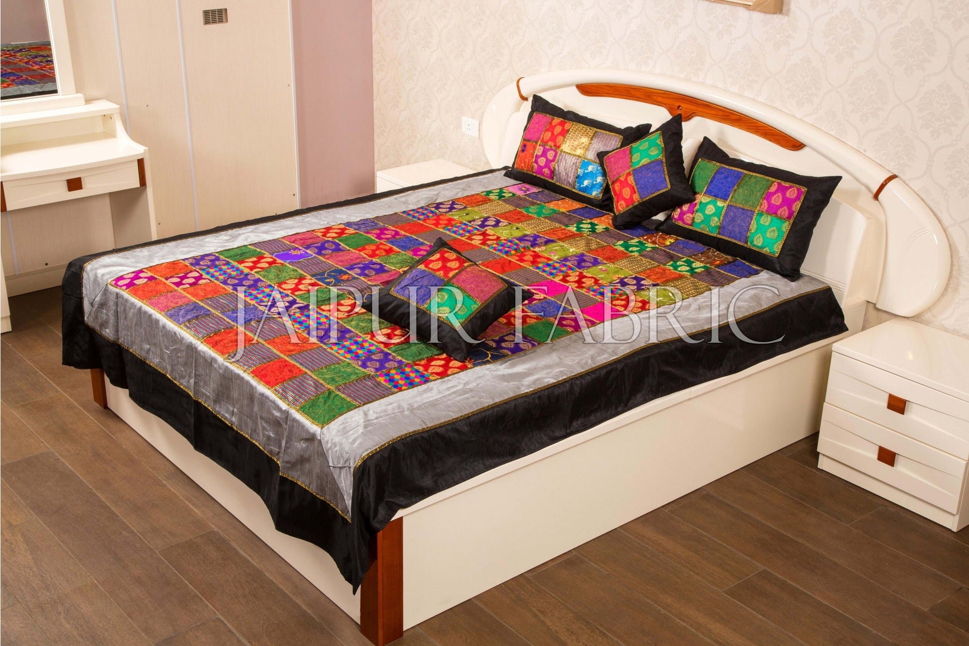 Rajasthan Patchwork Gold Print Double Bed Sheet with Two Pillow Covers and Two Cushion Covers