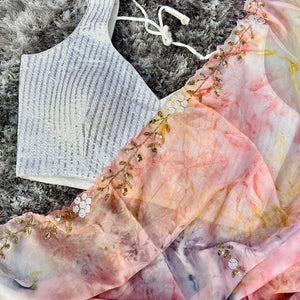 Peach Color Kesar Organza Saree with Stunning Painted Prints & Handcrafted Embellishments