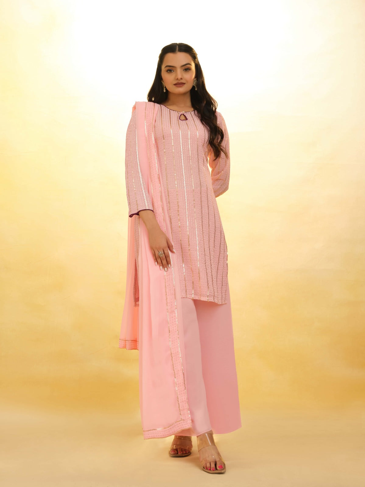 Peach Georgette Suit with Embroidery and Shantoon Bottom