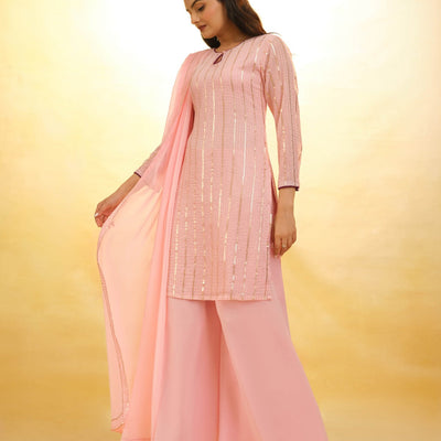 Peach Georgette Suit with Embroidery and Shantoon Bottom
