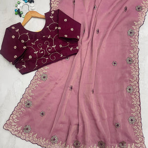 Peach Kasoli Silk Saree with Beautiful Embroidery and Contrast Thread Work